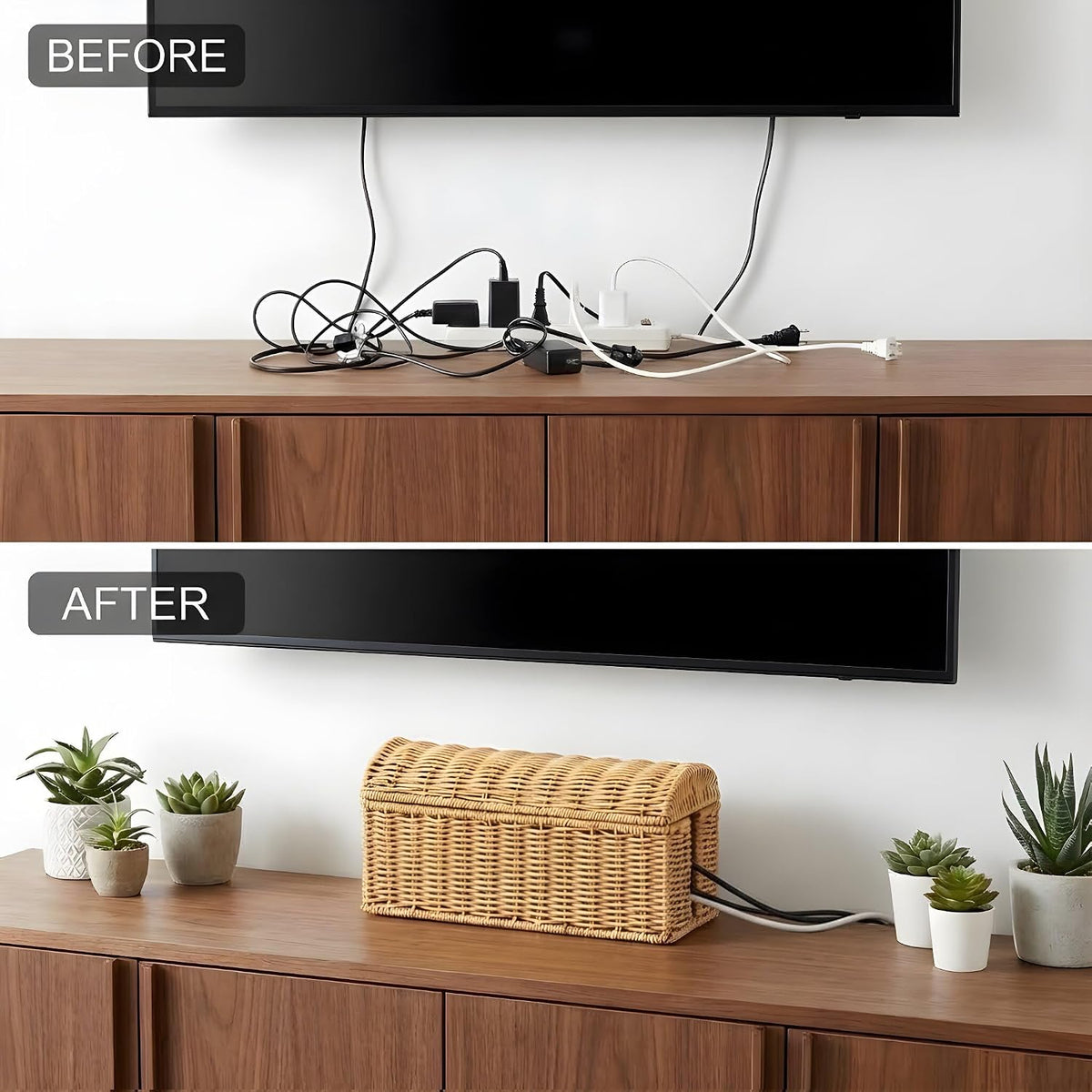 PP Rattan Cable Management Box to Hide Cords and Power Strip