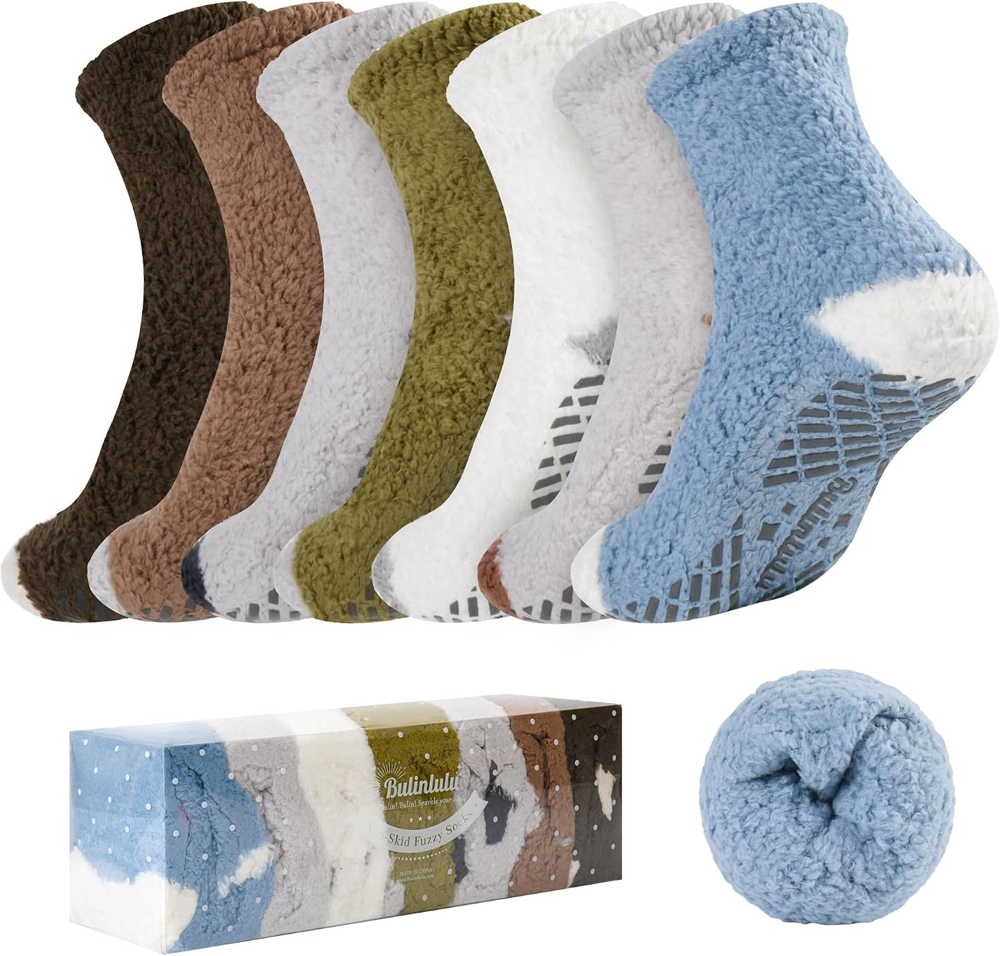 Bulinlulu Fuzzy Socks with Grips Plush Sleep Cozy Winter Soft Hospital Fluffy Socks for Womens Mens Gifts