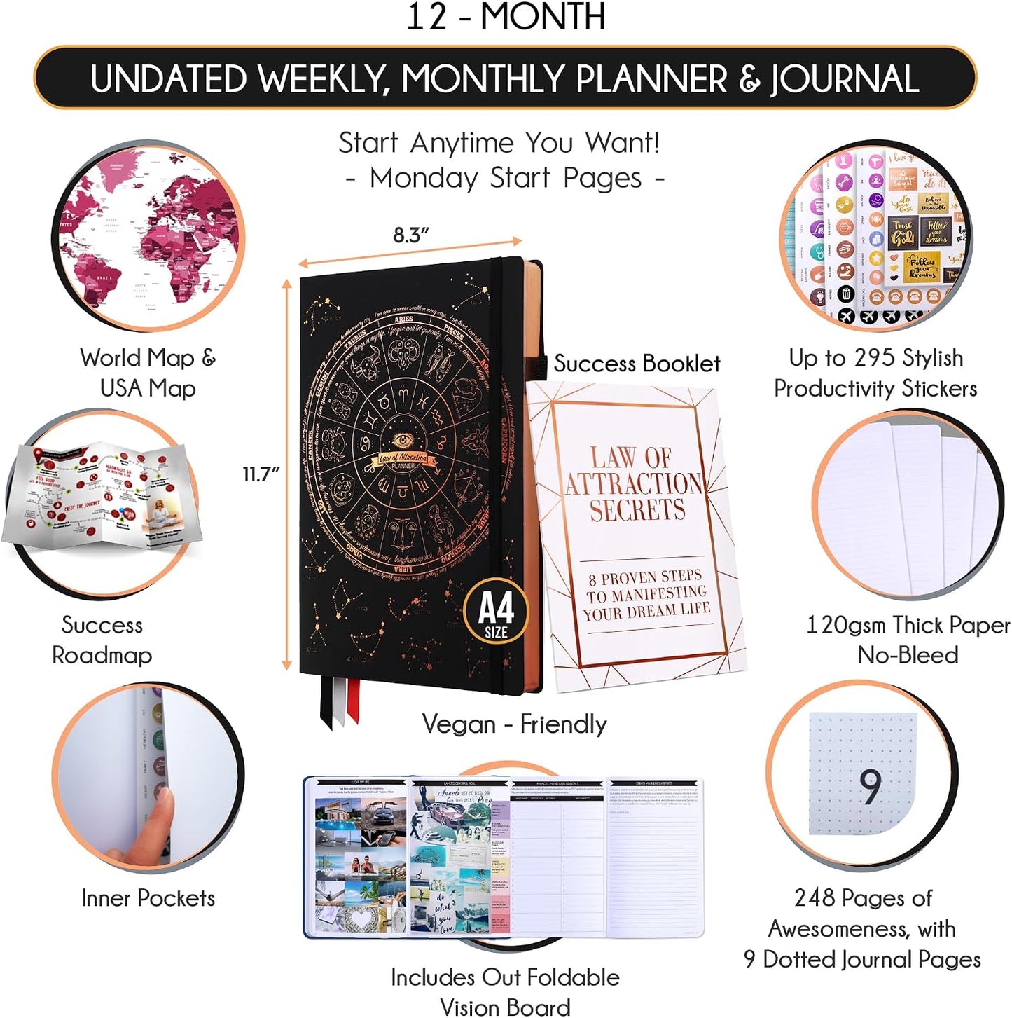 Life Planner - Undated Weekly & Monthly Planner, 12-Month Journey to Increase Productivity | Gratitude Journal, Life Organizer & Goal Journal | Include Foldable Vision Board, Habit Tracker & Stickers