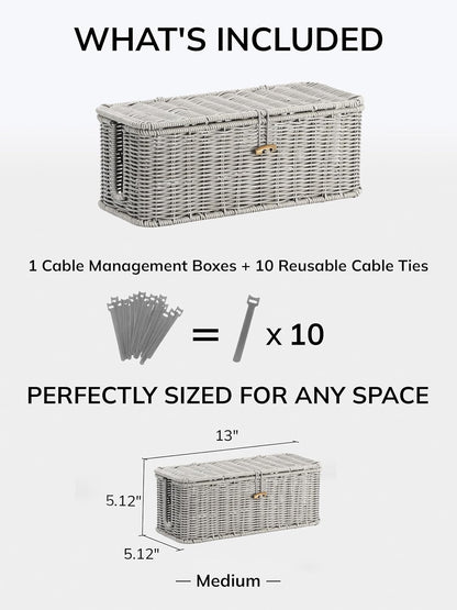 Cable Management Box, Cord Organizer with Lid & Cable Ties - Brown, L