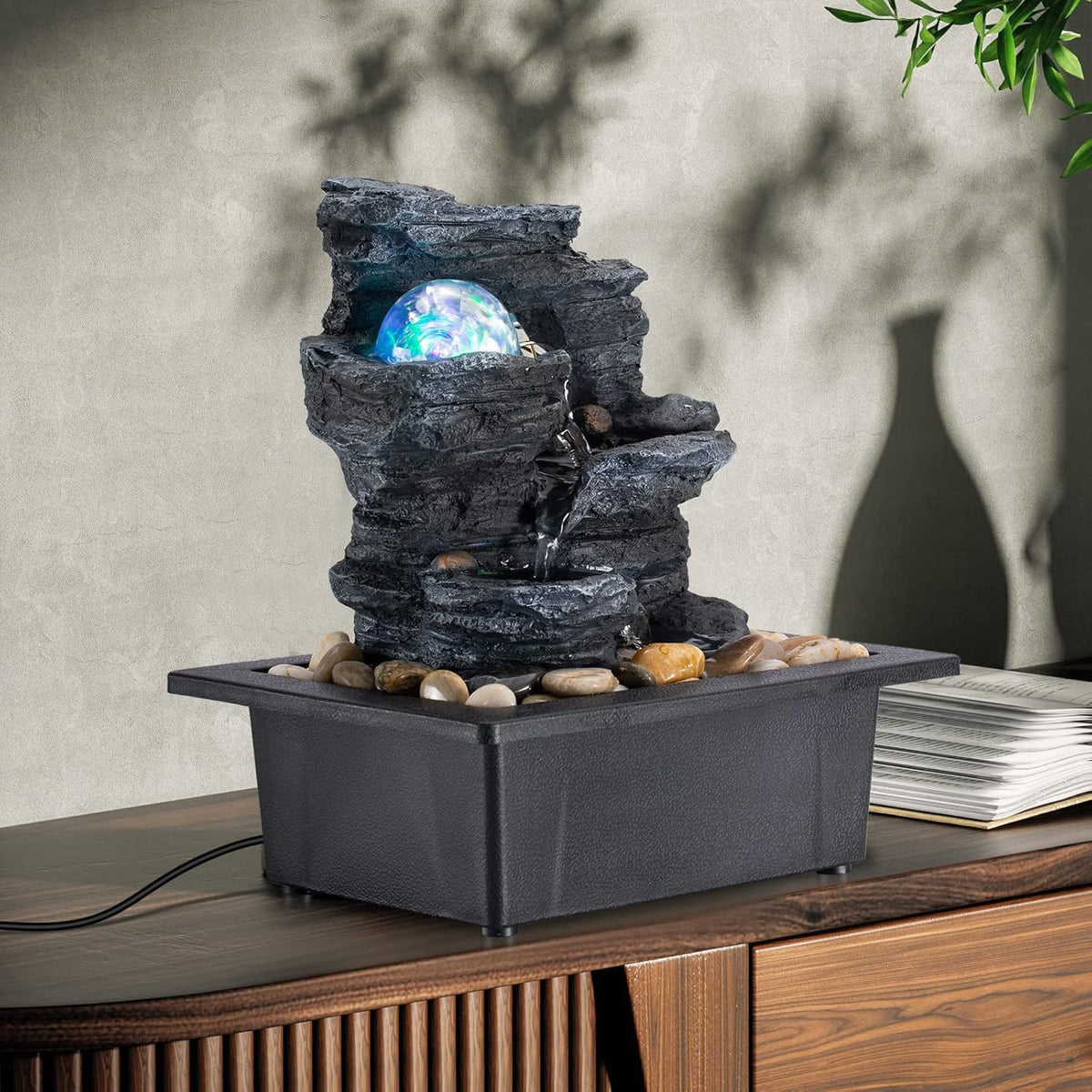 Amootek Table Top Fountain Spin Ball Rock Waterfall Fountain Office Table Top Fountain Includes Many Natural River Rocks Decorated with Colorful Lights and Rollers 9.05" L x 6.95" W x 10.25" H
