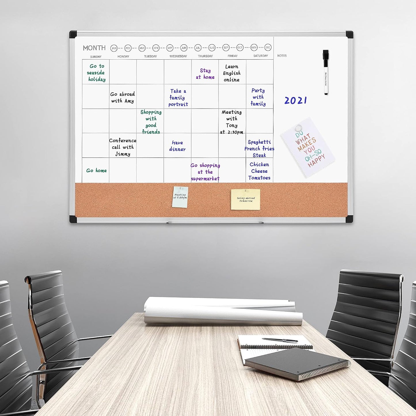 Amazon Basics 24" x 36" Monthly Whiteboard Calendar with Cork Board, Dry Erase Magnetic Whiteboard for Daily Planning, Wall Mounted, Silver Aluminum Frame