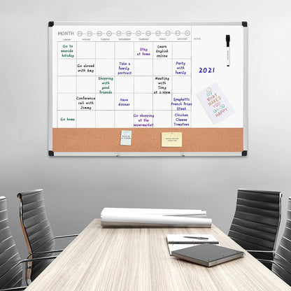 Amazon Basics 24" x 36" Monthly Whiteboard Calendar with Cork Board, Dry Erase Magnetic Whiteboard for Daily Planning, Wall Mounted, Silver Aluminum Frame