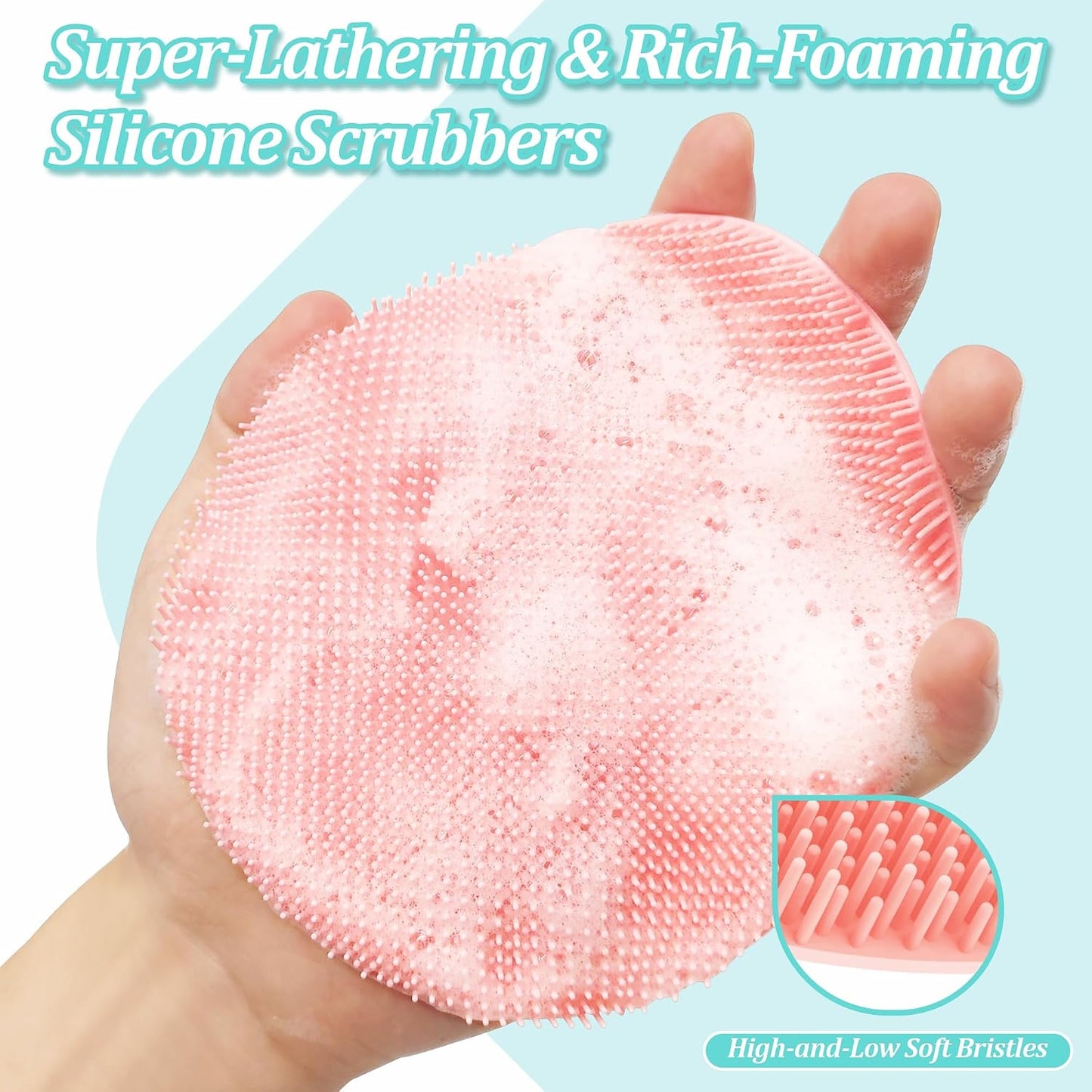 Silicone Back Scrubber & Bath Glove Set 2PCS, 13.4'' Gentle Shower Back Scrubber with Dual-Side Head Non-Slip Handle, 360° Anti-Slip Hand-fit Bath Glove for Rich Foaming Deep Cleaning(Black)