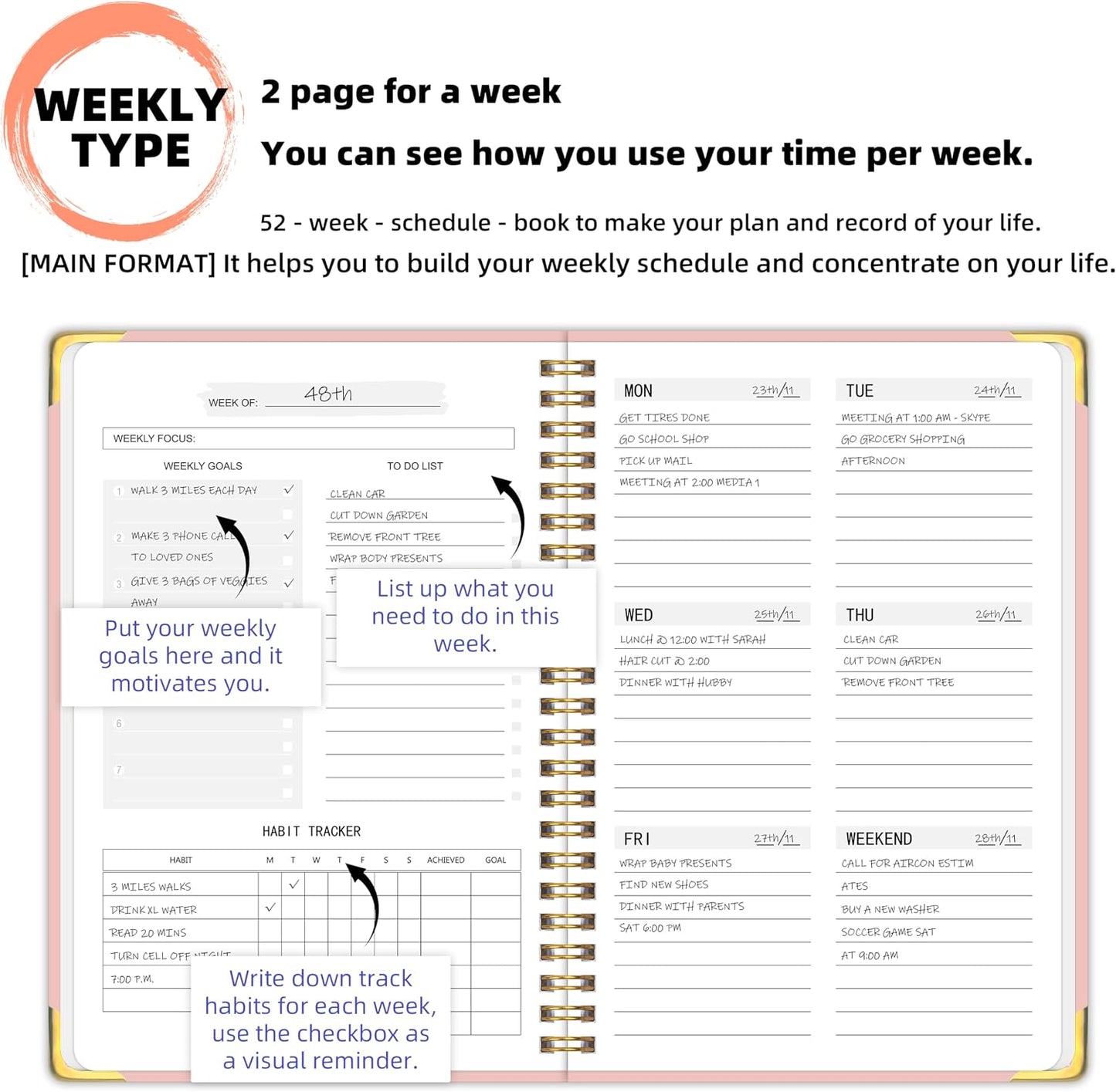 Undated Weekly Planner With Habit Tracker & To Do List 5.7 x 8.0 inch | Avoid Unfocused Busywork,Productivity Organizer,No-Bleed Thick Pages,Portable Size,Lay-Flat Spiral for Hands Free