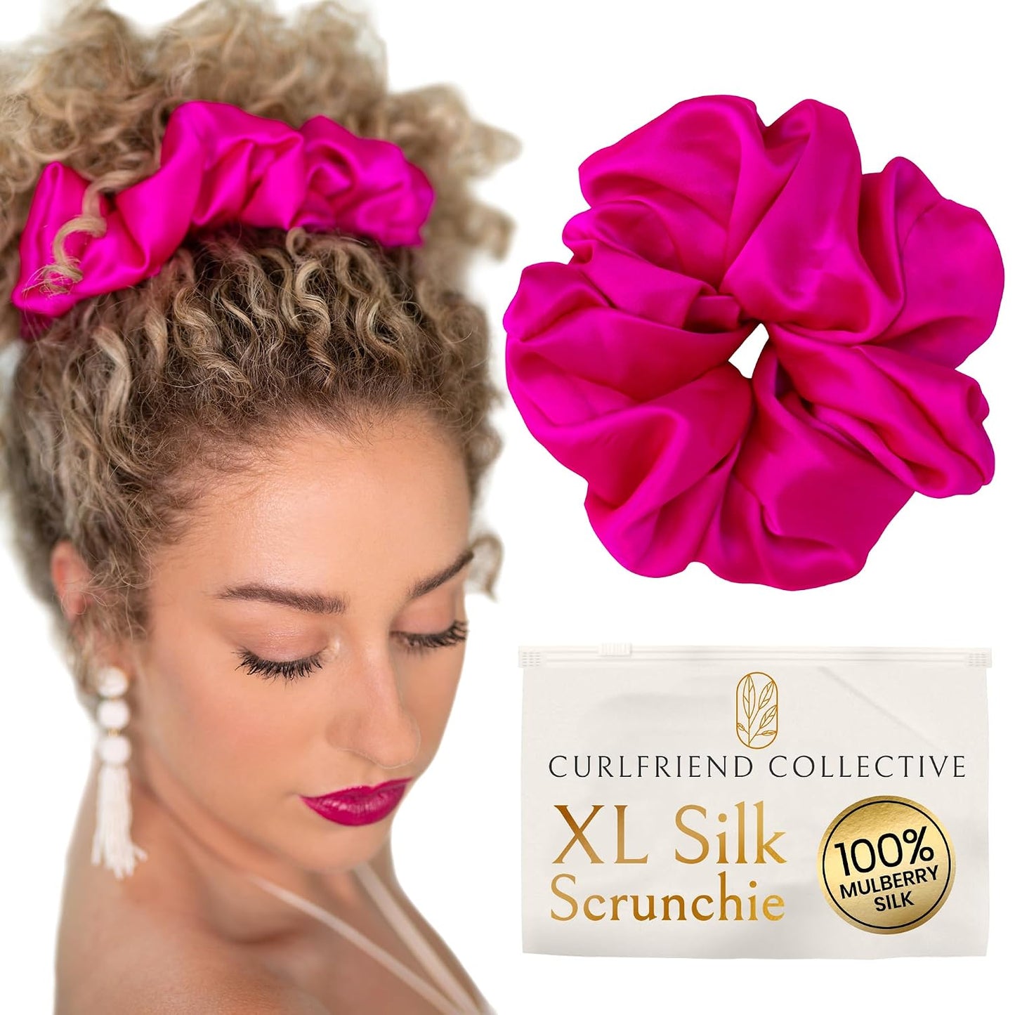 Silk Scrunchies for Women Ponytail Holders – Oversized Mulberry Silk Scrunchies – Extra Large No Damage Hair Ties for Curly, Thick, and Thin - Hair Accessories for Women – Black, XL By Curlfriend