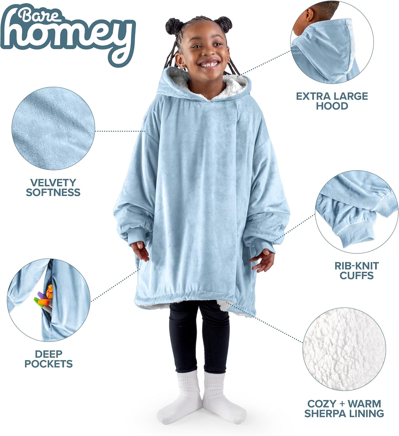 Bare Home Wearable Blanket Hoodie - Soft Plush Sherpa - Warm and Cozy - Oversized Wearable Blanket