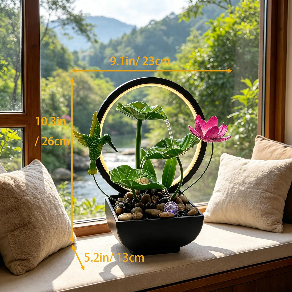 Tabletop Fountain,Indoor Water Fountain,Home Fengshui Décor Zen Relaxation Soothing Sound Machine for Office,Living Room,or Bedroom,Green Lotus,Hummingbird & Pink Flower,9.1inch