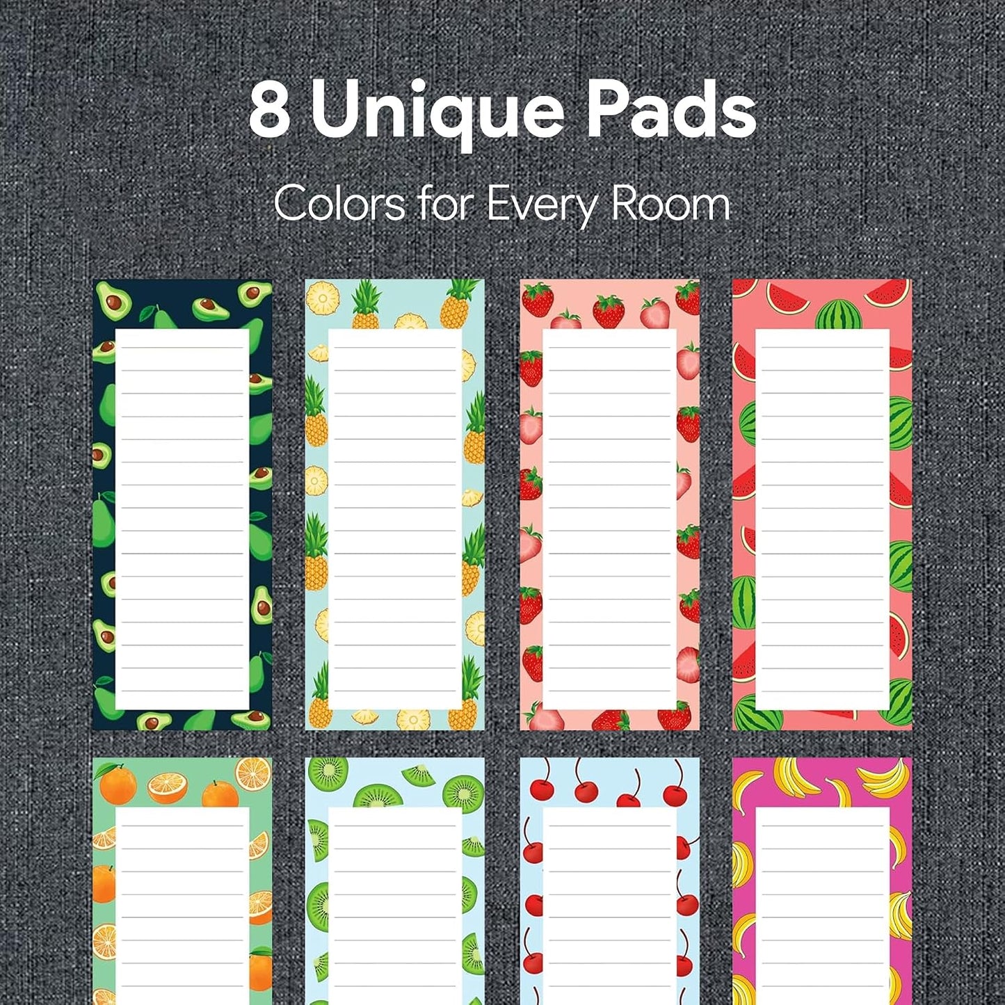 8 Magnetic Notepads – Notepads for Grocery List, Shopping List, To-Do List, Reminders -Strong Magnetic Back- Memo Notepad with Realistic Fruit Designs | 25 Sheets per Pad 7.5 x 3.5 inch (8 Pack)