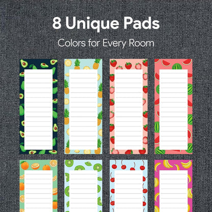 8 Magnetic Notepads – Notepads for Grocery List, Shopping List, To-Do List, Reminders -Strong Magnetic Back- Memo Notepad with Realistic Fruit Designs | 25 Sheets per Pad 7.5 x 3.5 inch (8 Pack)