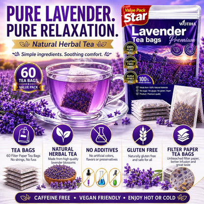 WOTIHA 60 Count Premium Chamomile Lavender Tea Bags - 100% Pure Flowers, Soothing Aroma, Supports Relaxation & Better Sleep, Caffeine-Free, Additive-Free, Sugar-Free, Vegan.Non-GMO