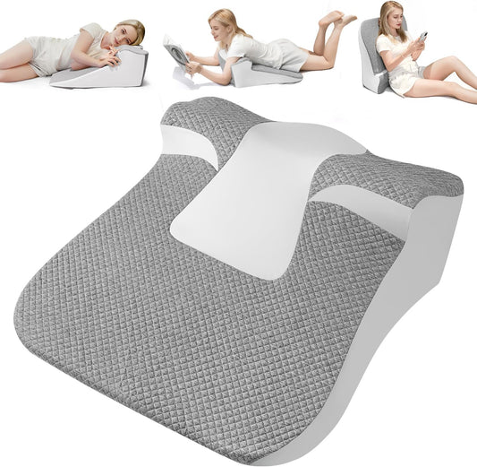 Ergonomic Wedge Pillow for Sleep Apnea Memory Foam Reading Pillow for Back, Neck & Head Comfortable Support-Grey(Extra Large)