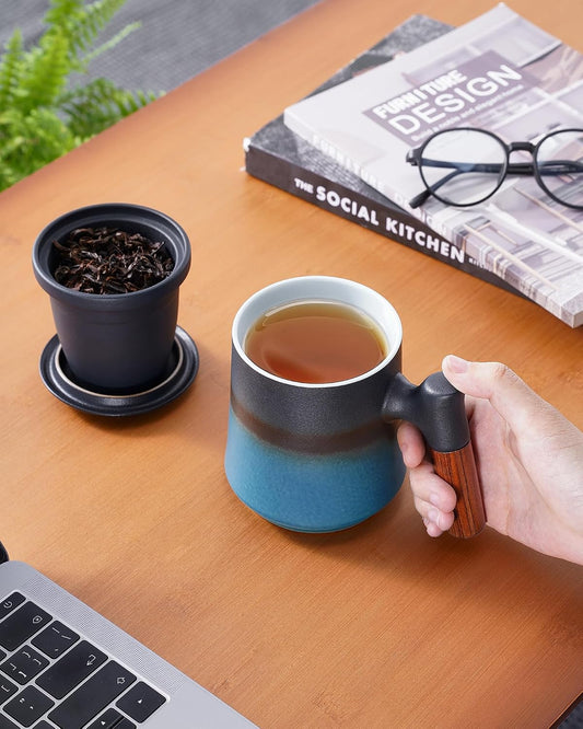 ZENS Embossed Ceramic Tea Mug with Infuser and Lid, 14.5 oz Wooden Handle, Loose Leaf Tea Steeper Cup & Strainer for Tea Lovers Gifts