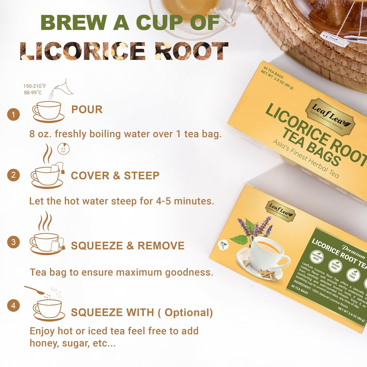 LeafLea Licorice Root Tea Bags, Caffeine-Free Liquorice Tea, 80 Count