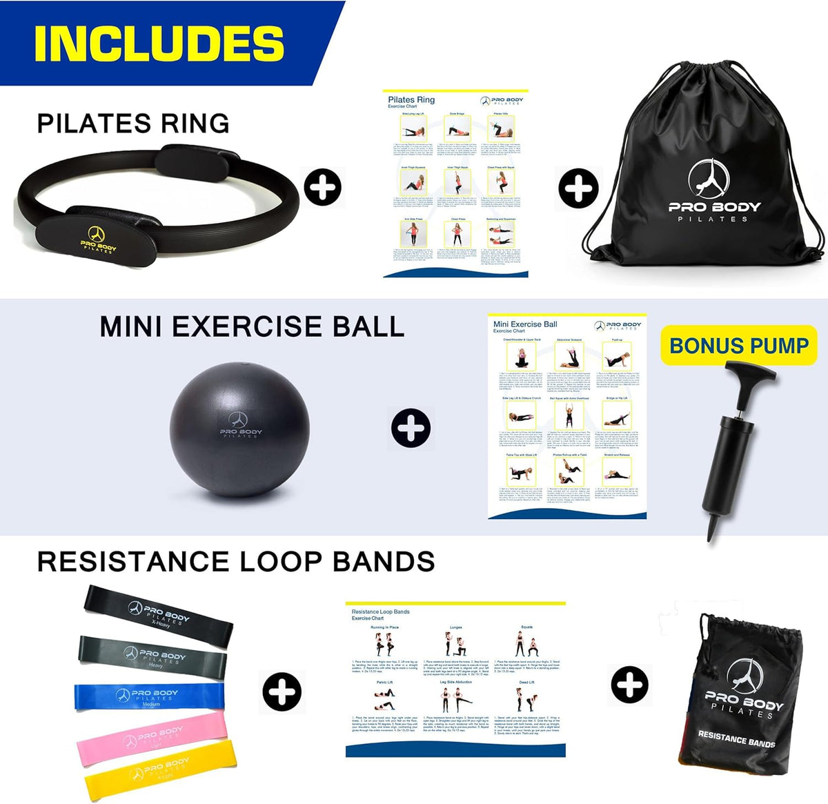 ProBody Pilates Kit — 14 Inch Ring, 9 Inch Ball, 4 Bands & Pump