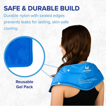 LIFE WORKS Gel Neck Ice Pack Wrap, Flexible Reusable Hot & Cold Pack, Soft Plush & Nylon Cover, Therapy Wrap for Neck, Shoulder & Upper Back Comfort, 23"x8"x5"