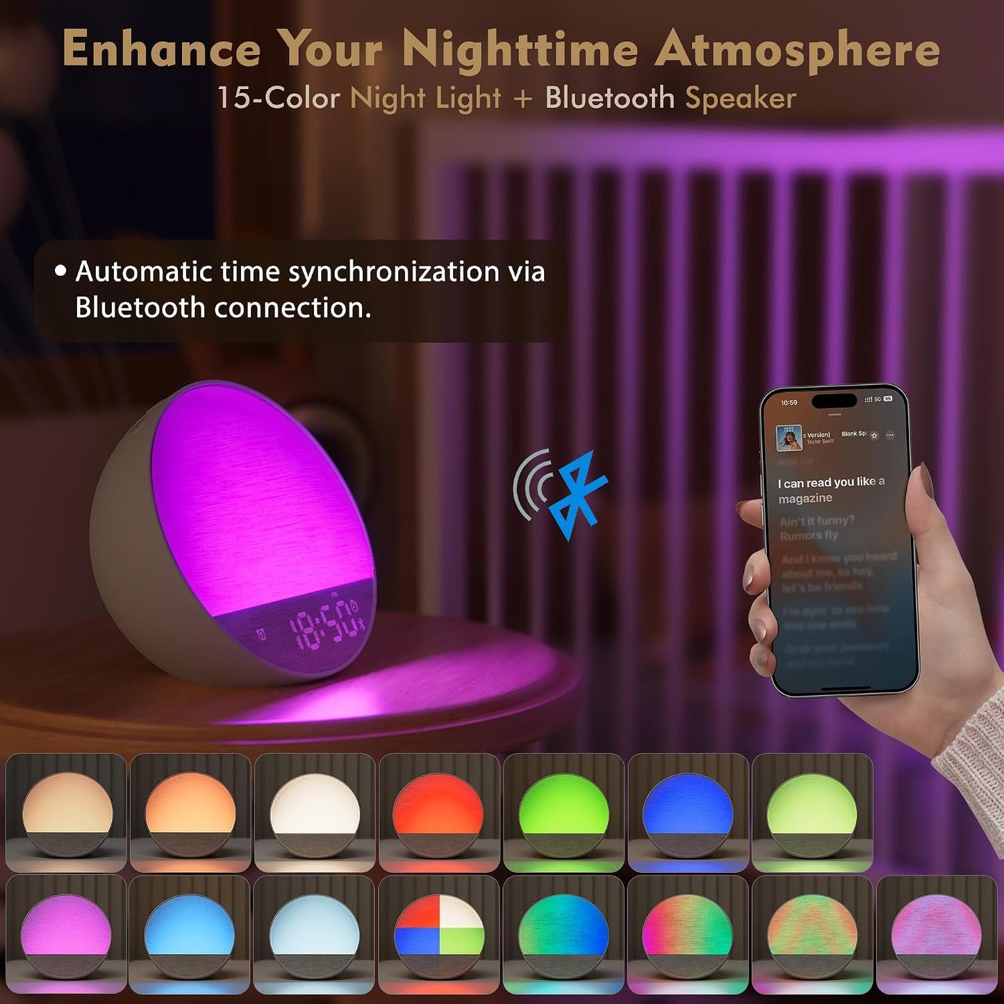 Tap-to-Snooze Sunrise Alarm Clock with Sound Machine, 36 Sounds White Noise Machine for Sleeping Adults, Gradual Sunrise Clock with Bluetooth Speaker & Remote Control, 15-Color Night Light丨Beige