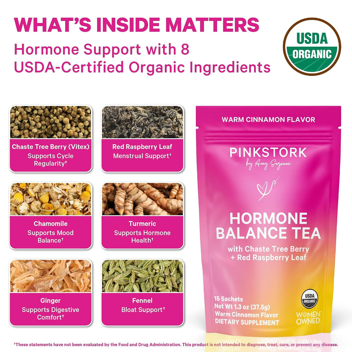 Pink Stork Organic Hormone Balance Tea for Women, Cinnamon, 30 Servings