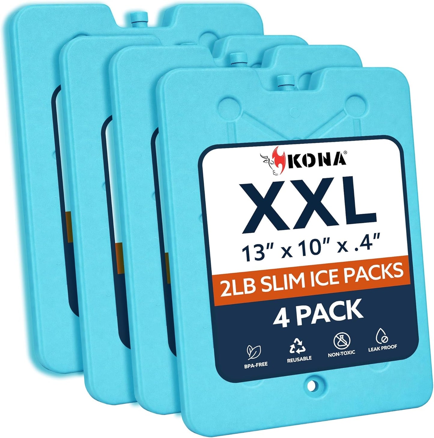 Kona XXL Ice Packs for Coolers – 2 lb Reusable Slim Freezer Packs, Long-Lasting Dry Ice Alternative for Cooler Bags, 13×10 Inch, Fast Freeze (-5 °C), Available in Multiple Pack Quantities