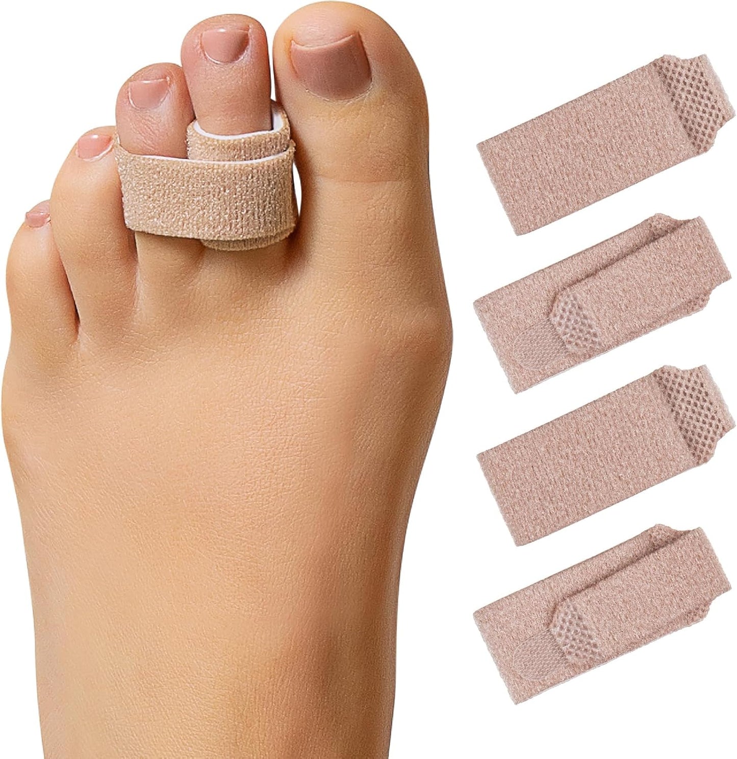 ZenToes Hammer Toe Corrector for Women & Men - Reusable Fabric Buddy Wraps for Broken Toes - Cushioned Toe Splint for Protection & Recovery & Hammertoe Straightener - 4 Count (OSFM, Beige)