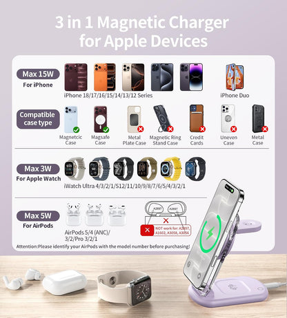 Mukiya 3 in 1 Magnetic Wireless Charging Station for Apple Devices