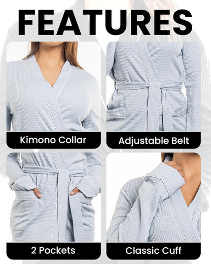 Cotton Blend Lightweight Waffle Robe for Women Knee-Length Soft Bathrobe