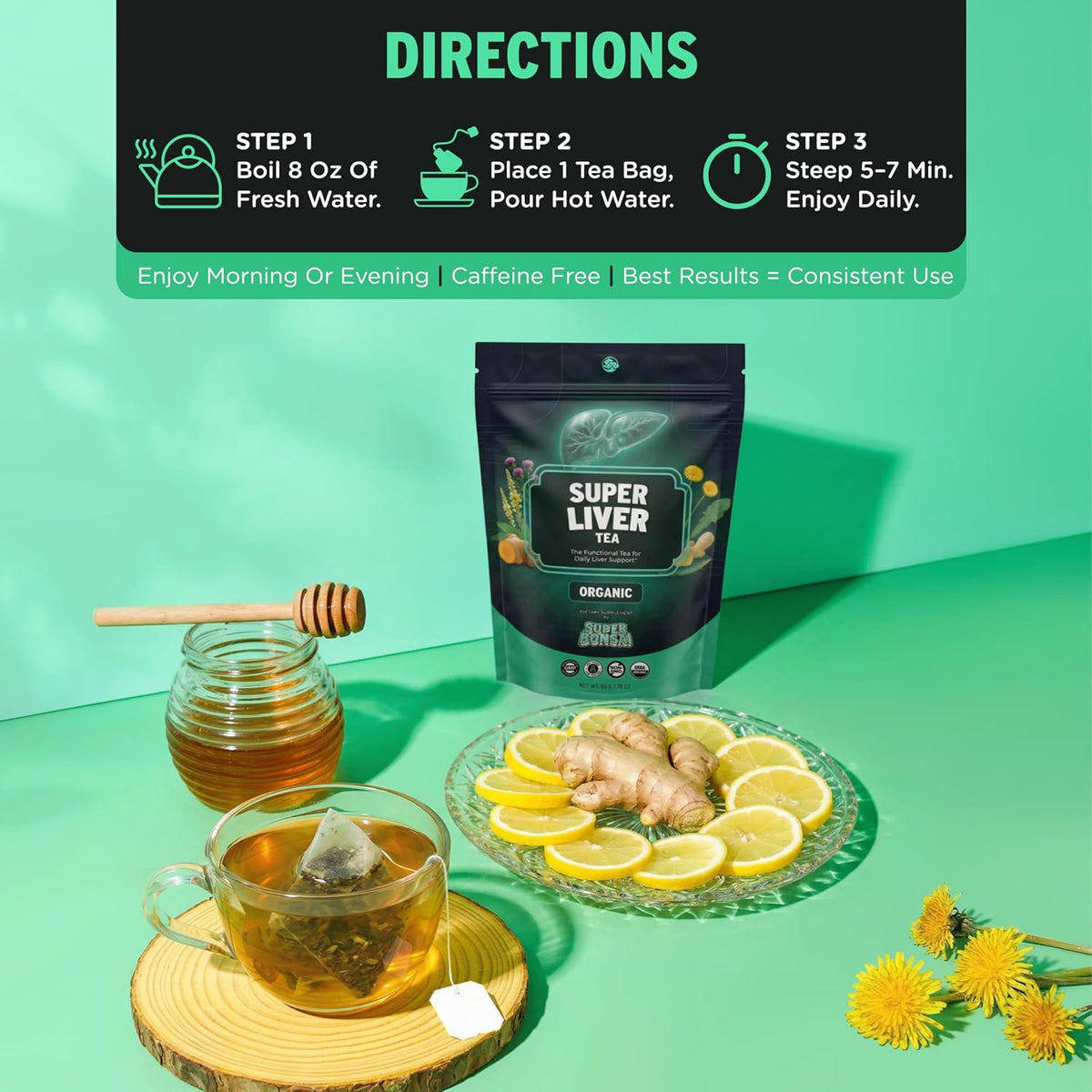 SuperBonsai Organic Liver Detox Tea – Dandelion Root & Milk Thistle Herbal Tea for Liver Support, Digestive Detox & Cleanse – Turmeric, Ginger & Nettle Botanical Blend – 20 Organic Tea Bags