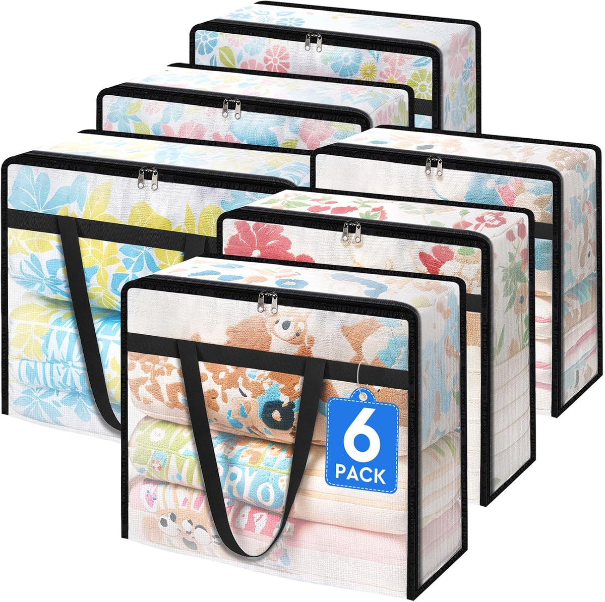 TasticTotes 6 Pack Clear Storage Bags for Comforter, Clothes & Bedding, 40L