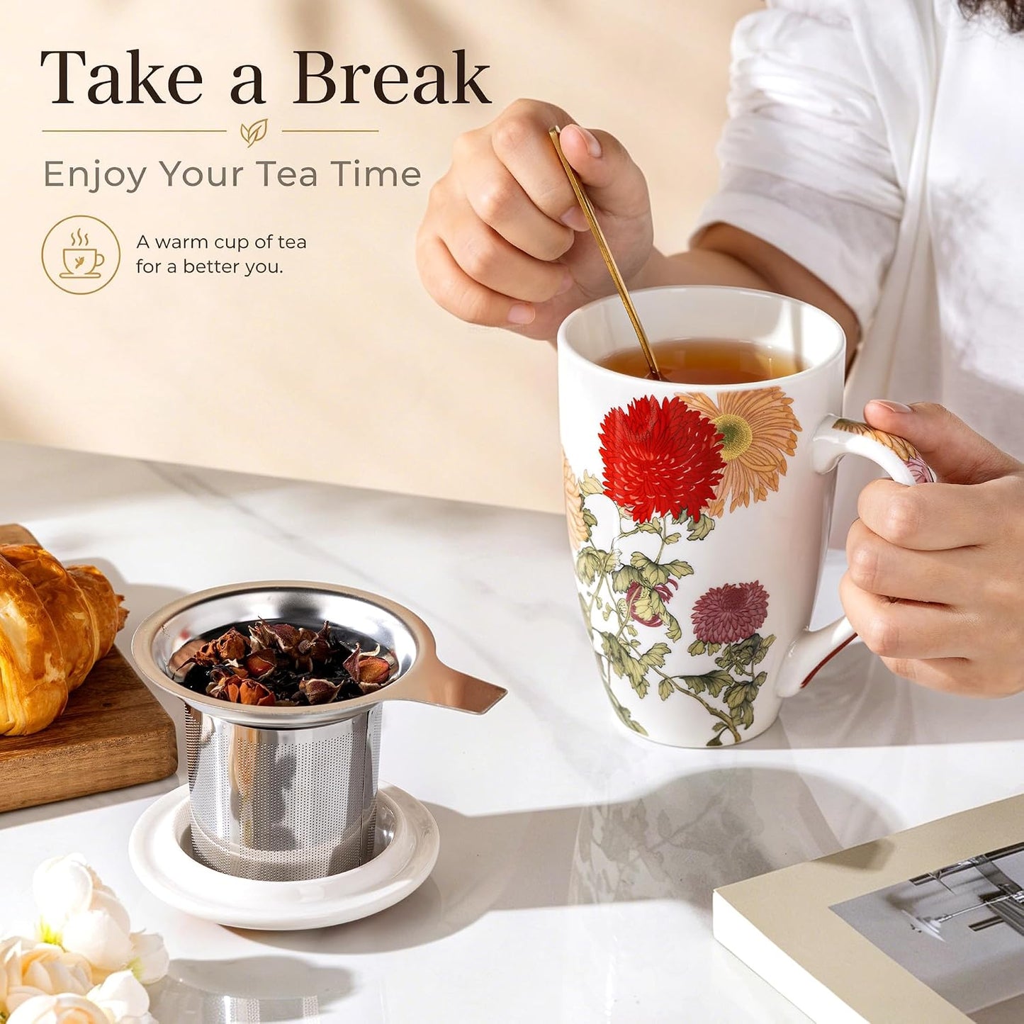 AmorArc 18oz Porcelain Tea Mug with Infuser & Lid, Loose Leaf Tea Cup with Stainless Steel Strainer, Large Coffee Mug Gift for Women, Tea Lovers, Home & Office