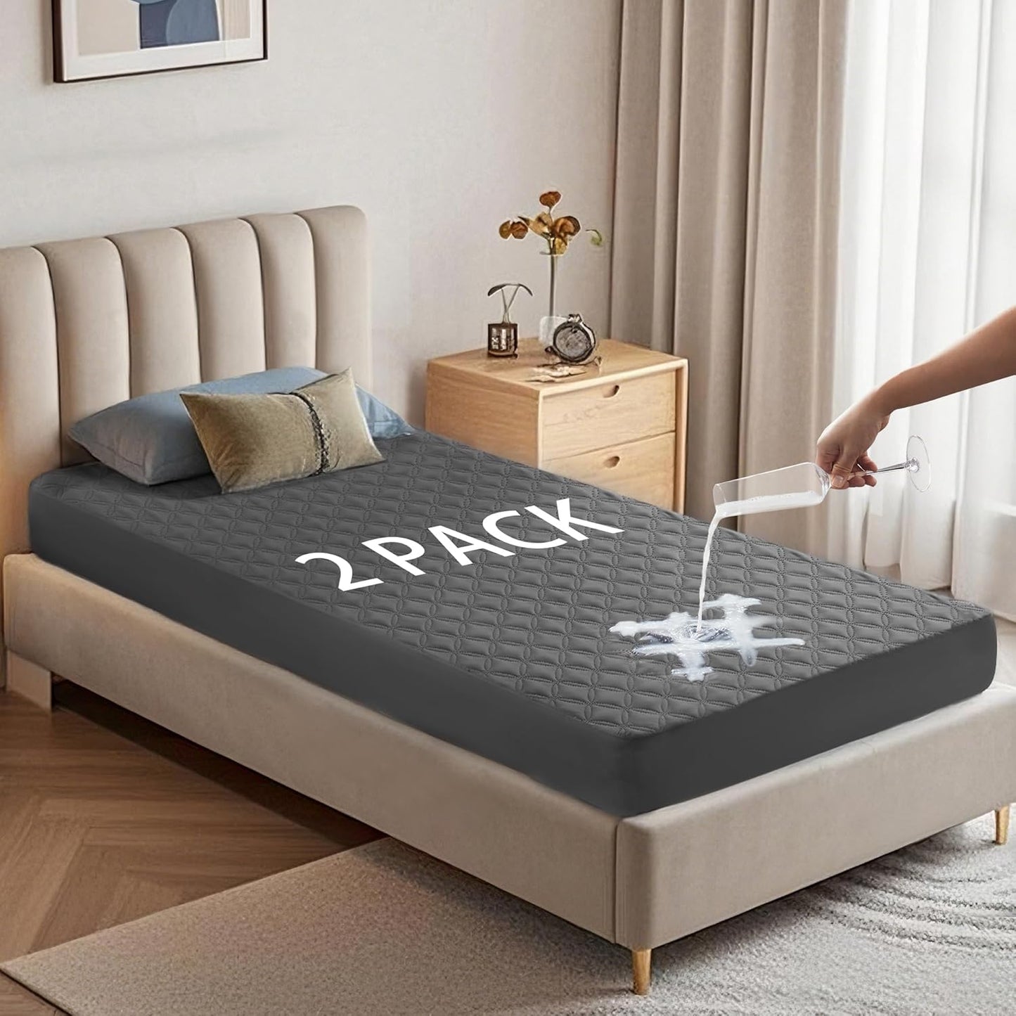2 Pack Waterproof Mattress Protector, Queen Size Mattress Pad Noiseless with Deep Pocket Fitted for 6"-18", Soft Breathable Dirt-Proof Bed Mattress Cover Washable for Home, Bedroom, Hotel (Gray)