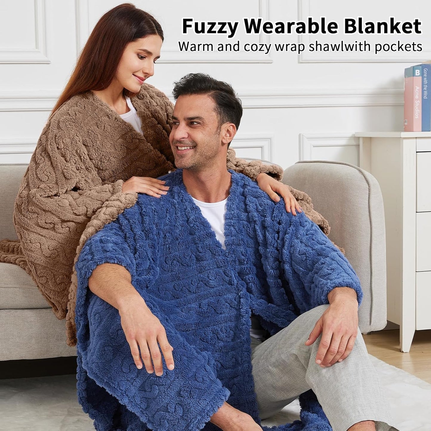 Wearable Blanket Poncho Cape Wrap for Adult, Cozy Sherpa Fleece Pocketed Shawl TV Throw Blankets for Office and Lounge(Purple,58'' x 64'')