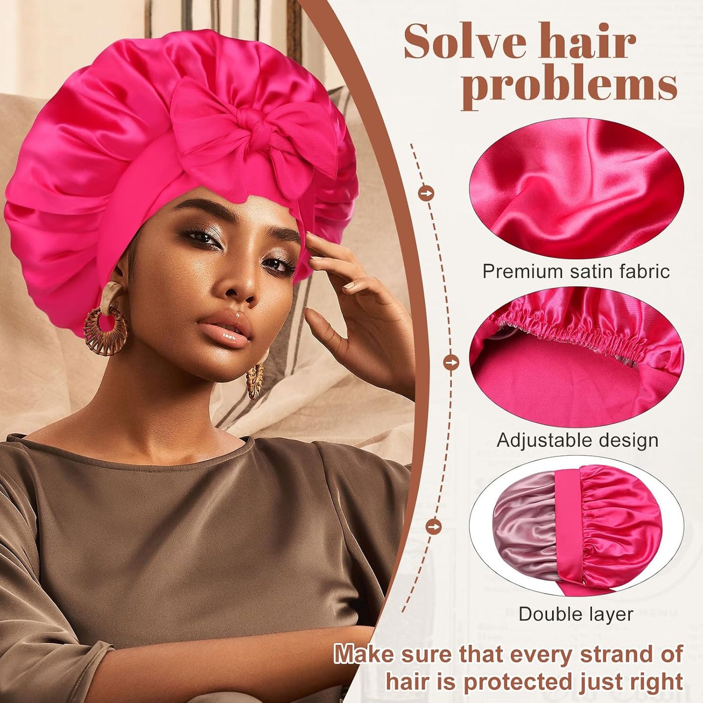 Satin Bonnet for Sleeping Cap Double Layer Hair Bonnet with Elastic Tie Band for Curly Hair Night Cap (Bean Paste + Pink)