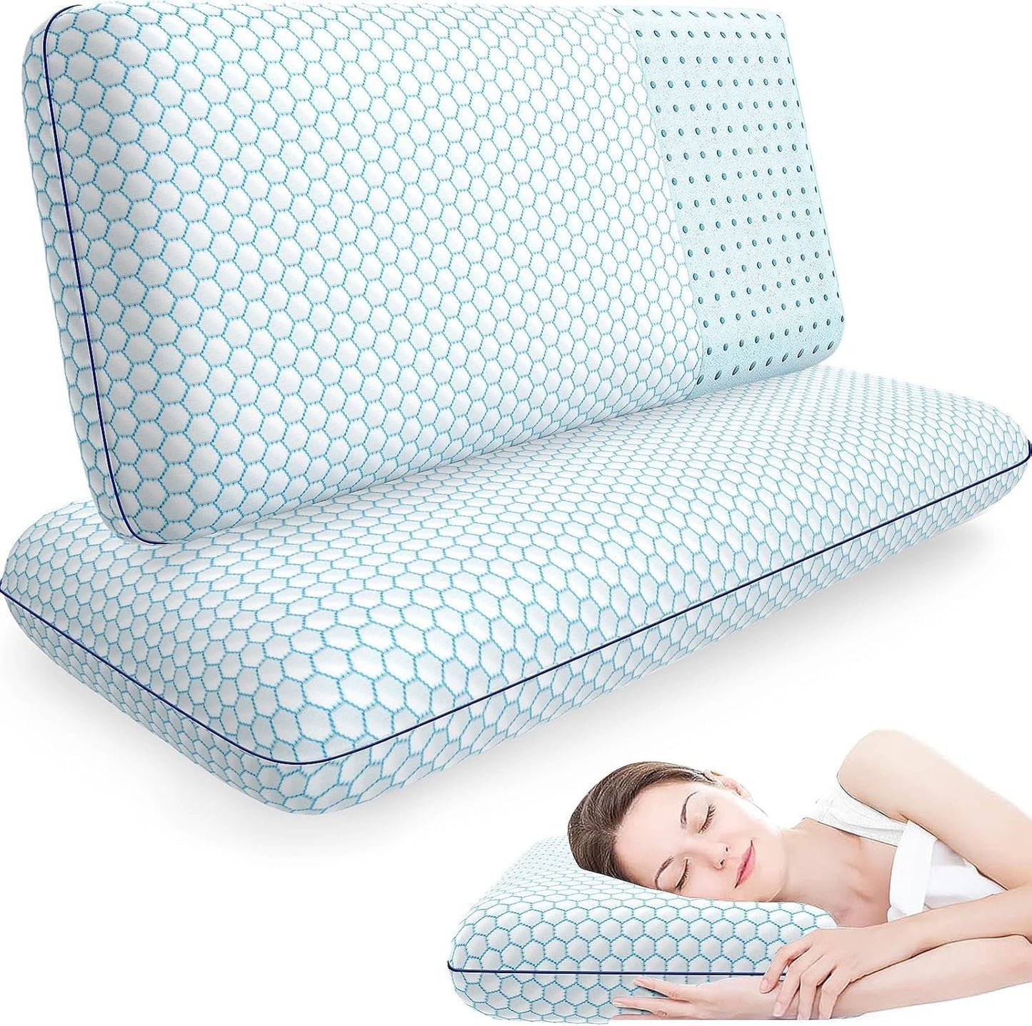 CushyOasis Memory Foam Pillows for Side, Back and Stomach Sleepers, Set of 2, Bed Pillow with Washable Cover and Breathable Mesh, Bed Pillow for Sleeping (Blue，Standard Size)