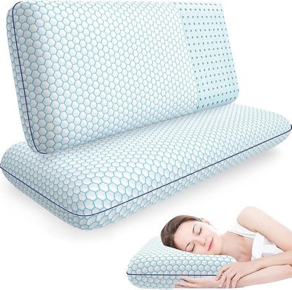 CushyOasis Memory Foam Pillows for Side, Back and Stomach Sleepers, Set of 2, Bed Pillow with Washable Cover and Breathable Mesh, Bed Pillow for Sleeping (Blue，Standard Size)