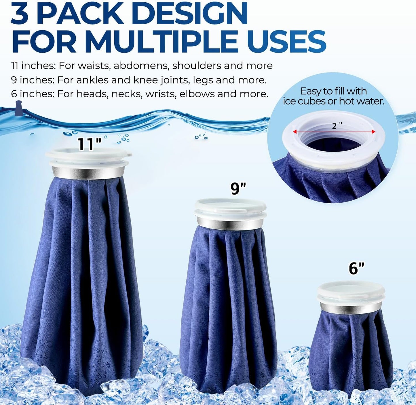 Ice Bags for Injuries Reusable: Ohuhu 3 Packs Ice Cold Packs with Wrap Ice Bag Hot Water Hot & Cold Therapy Pain Relief for Knee Leg Injury No-Leak Waterproof Ice Bags 3 Sizes 6"/9"/11", Blue