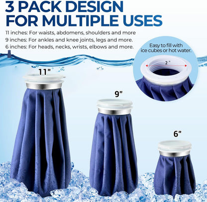 Ice Bags for Injuries Reusable: Ohuhu 3 Packs Ice Cold Packs with Wrap Ice Bag Hot Water Hot & Cold Therapy Pain Relief for Knee Leg Injury No-Leak Waterproof Ice Bags 3 Sizes 6"/9"/11", Blue