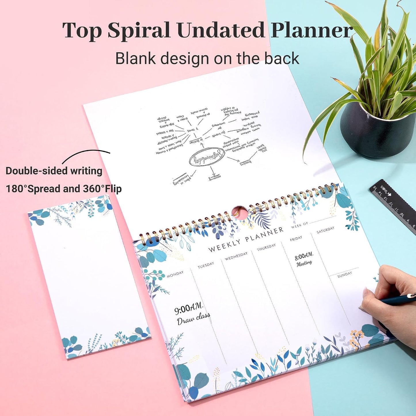 Weekly Planner Notepad Tear Off Set of 2 Weekly Calendar Pad 52 Undated To Do List Notepad Sheets Desk Planner Planning Pads Productivity Tracker for Work Goals Notes Schedule Ideas, Floral Blue