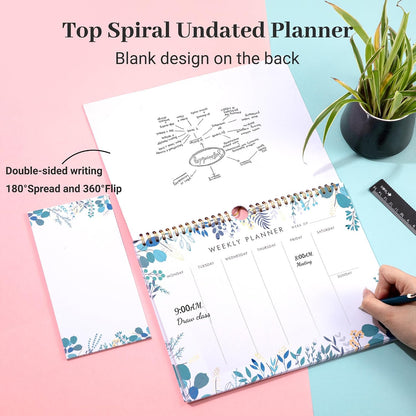 Weekly Planner Notepad Tear Off Set of 2 Weekly Calendar Pad 52 Undated To Do List Notepad Sheets Desk Planner Planning Pads Productivity Tracker for Work Goals Notes Schedule Ideas, Floral Blue