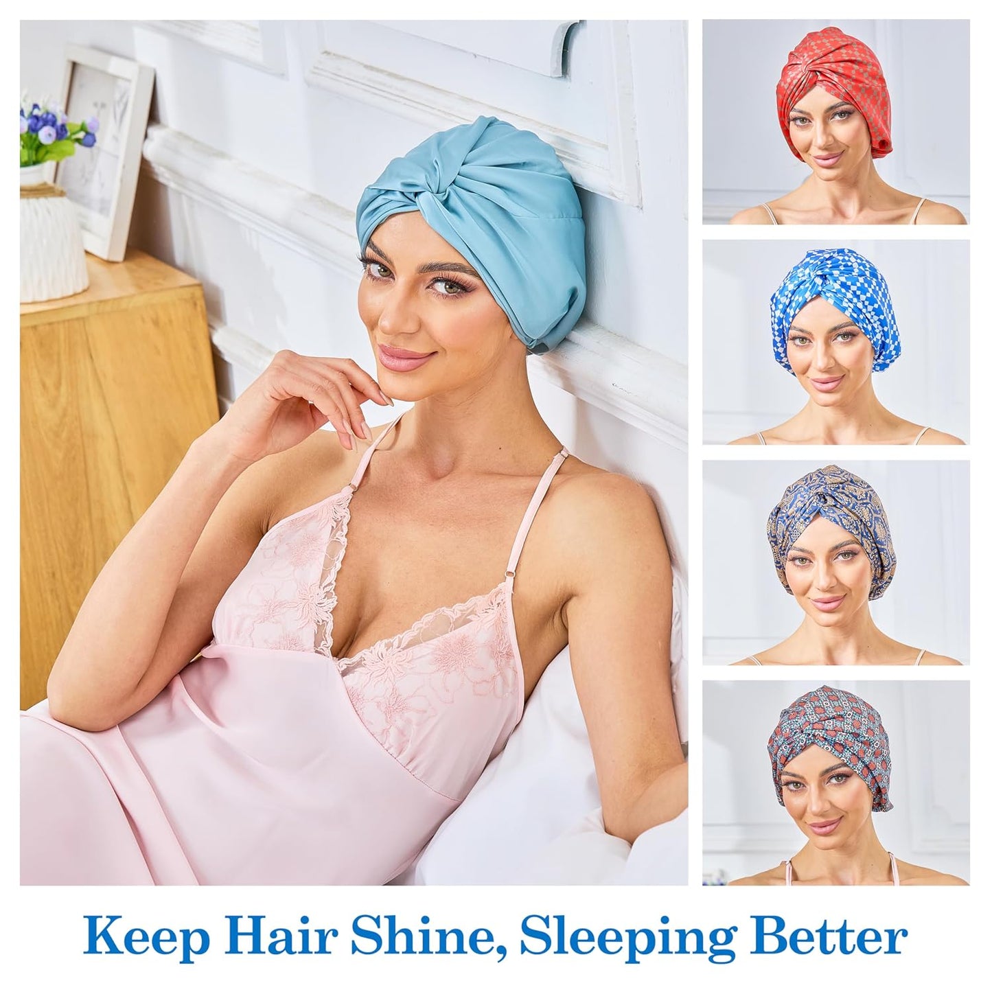 Adjustable Silk Satin Bonnet for Sleeping Hair Wrap, Double Layer Sleep Cap, Night Turban for Large Long Curly Braid Women Men Hair - Matcha Green