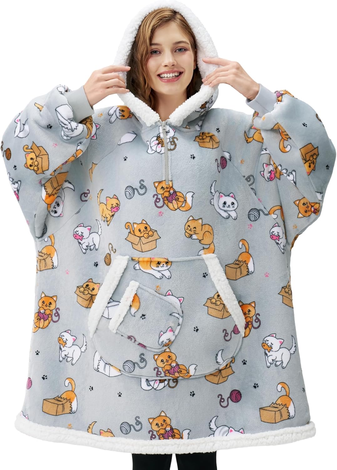 Giggling Getup Wearable Blanket Hoodie for Adults Gifts for Teen Girls Sister Women Sherpa Fleece Printed Hooded Blanket Sweatshirt Warm Cozy with Pocket & Sleeves Beige Cat