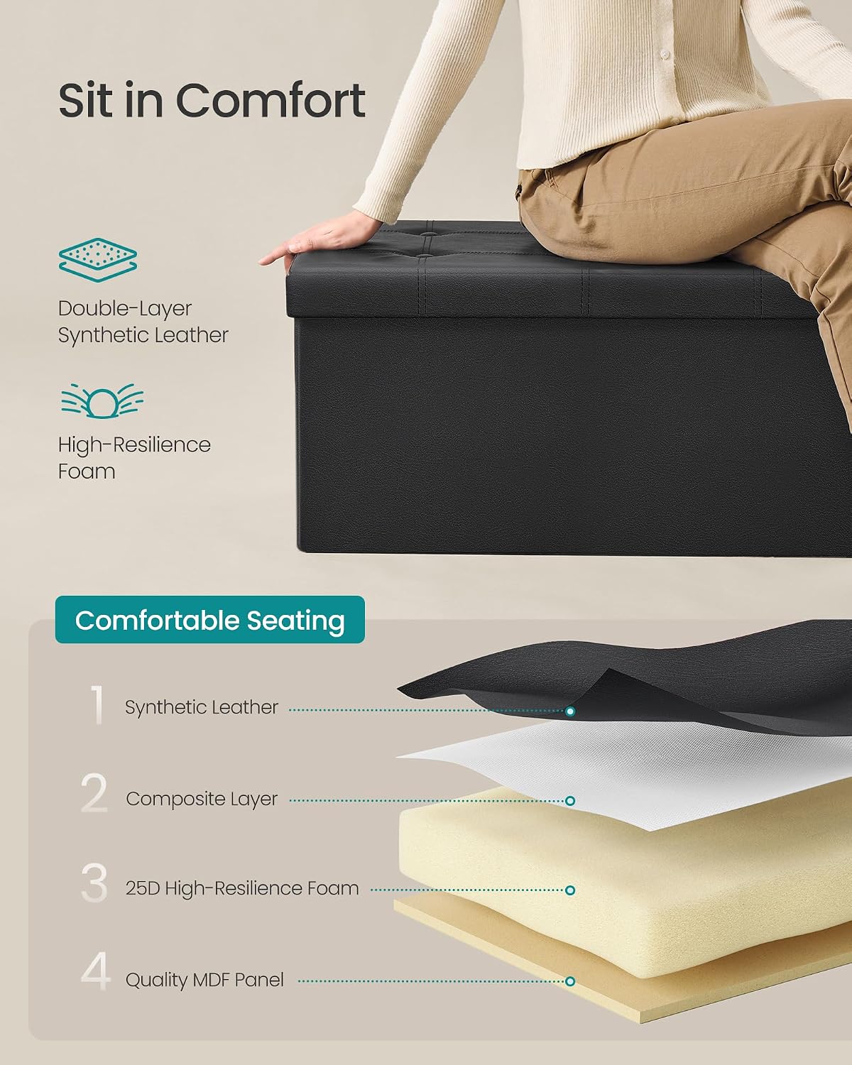 SONGMICS MAZIE Collection - 43 Inches Folding Storage Ottoman Bench, Ottoman with Storage, Foot Rest Stool, Load 660 lb, for Living Room, Synthetic Leather, Black ULSF701