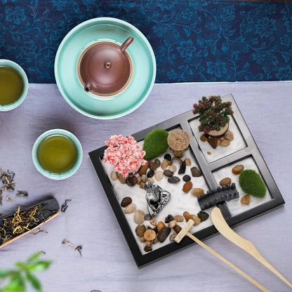 Hiceeden Zen Garden Kit for Desk, 8.5×7 Inches Japanese Mini Zen Garden Accessories, Sand Tray Therapy Kit Meditation Gift for Home Office Desk Decor