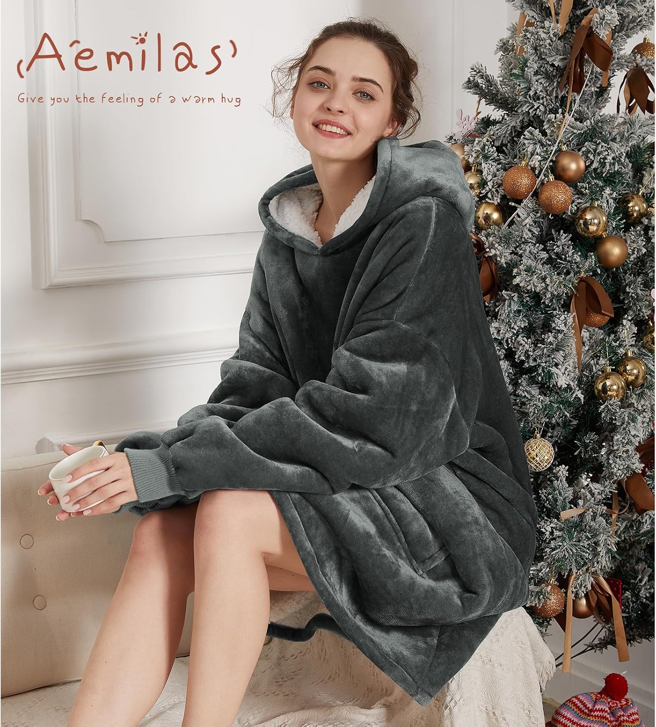 Aemilas Wearable Blanket Hoodie - Warm Sherpa Blanket Sweatshirt as Gifts for Adult Women Mom Men, One Size Fits All