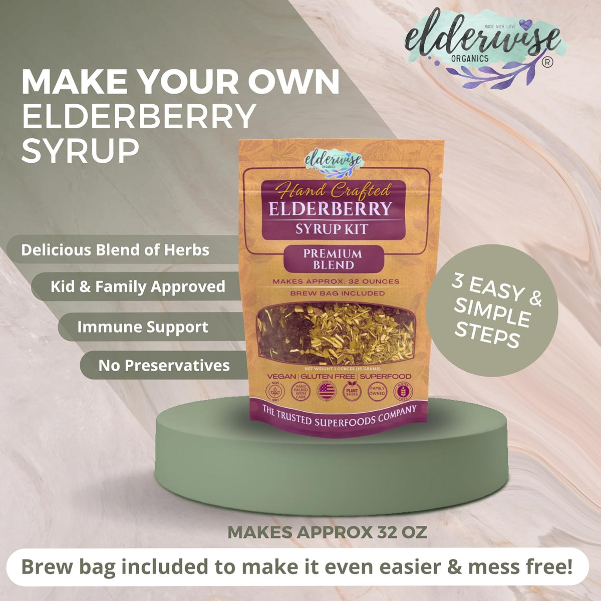 Elderwise DIY Organic Elderberry Syrup Kit for Immune Support, Makes 32 oz, Easy Pre-Measured Elderberry Syrup Kit With Rosehips, Ginger, Echinacea, Warm Spices, Brew Bag included for At-Home Preparation
