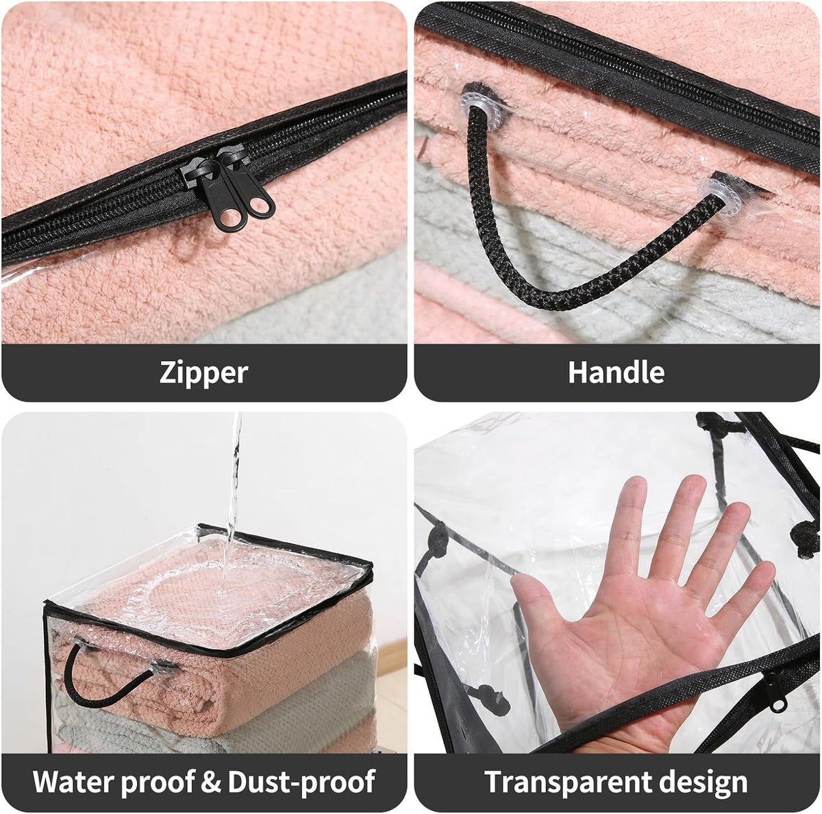 10-Pack Clear Zippered Storage Bags with Handles, Two-Way Zipper Foldable Closet Organizer, Bed Sheet Organizer, Plastic Storage Bin for Clothes, Towels