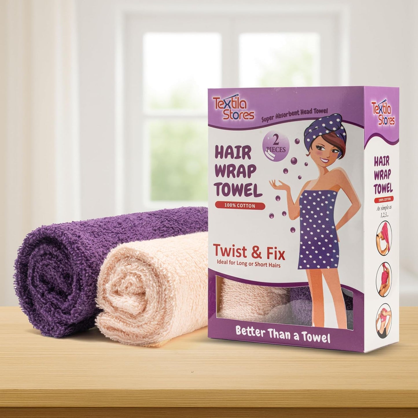 Textila 100% Cotton Hair Wrap Towels for Women (Pack of 2, Raspberry & Green) – Soft & Absorbent Turban Towels for Long, Curly, Frizz-Prone Hair