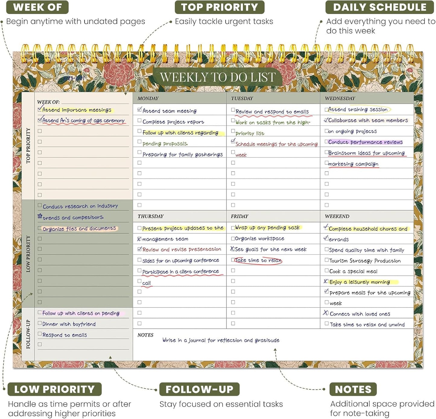 Weekly To Do List Notepad with 52 Undated Sheets（8.5"×11"）- Undated Weekly Planner Notepad for Office Desk Accessories and Supplies - Sunshine Petal