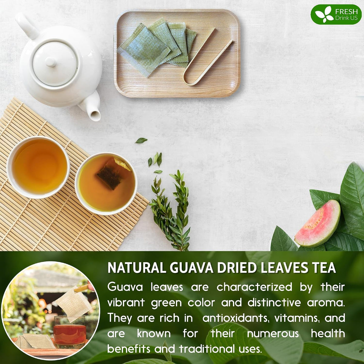 FreshDrinkUS, Premium 15 Guava Leaf Tea Bags, Handmade, 100% Natural and Pure. Guava Tea, Loose Leaf Herbal Tea. No Sugar/Caffeine/Gluten, Vegan.