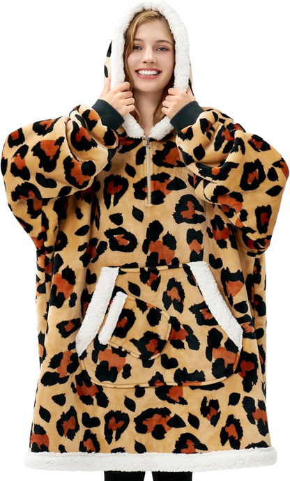 Giggling Getup Wearable Blanket Hoodie for Adults Gifts for Teen Girls Sister Women Sherpa Fleece Printed Hooded Blanket Sweatshirt Warm Cozy with Pocket & Sleeves Beige Cat