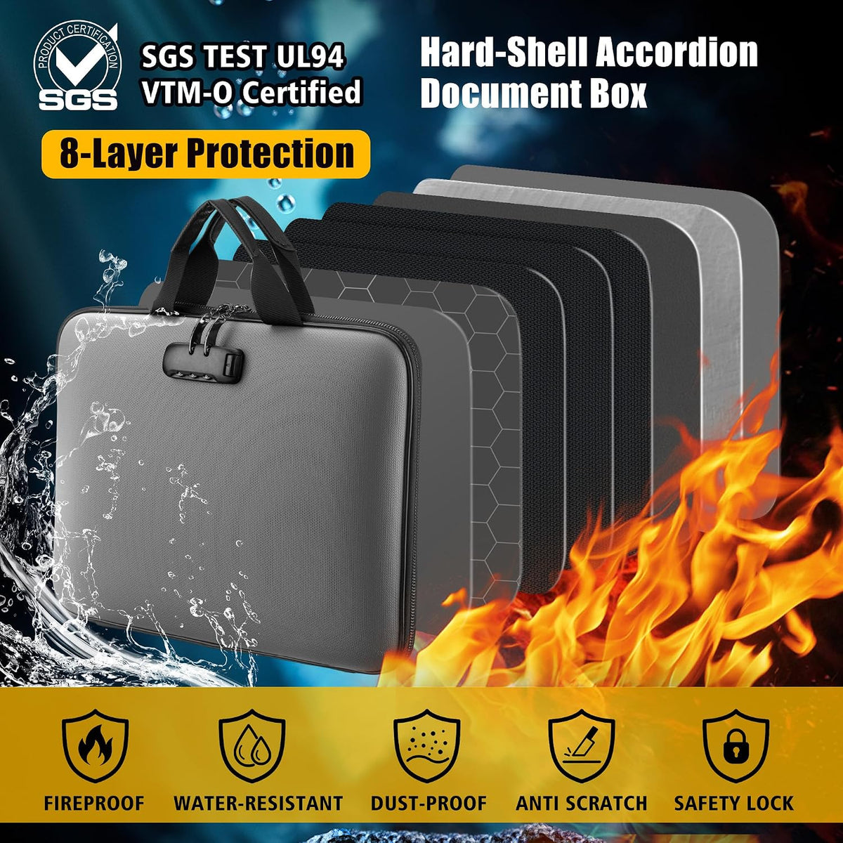 facka Fireproof Document Organizer Box with Lock, 13 Pocket Safe File Bag